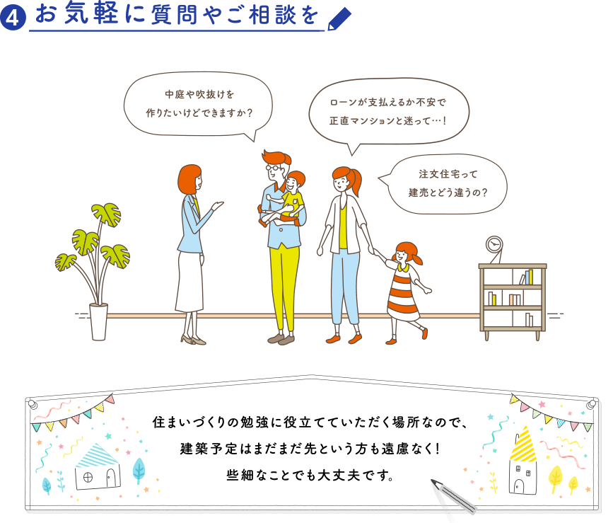 ❹お気軽に質問やご相談を 住まいづくりの勉強に役立てていただく場所なので、建築予定はまだまだ先という方も遠慮なく！些細なことでも大丈夫です。